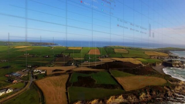 Aerial camera moving forward over coastal farms, initiating HUD bar charts showing farm metrics