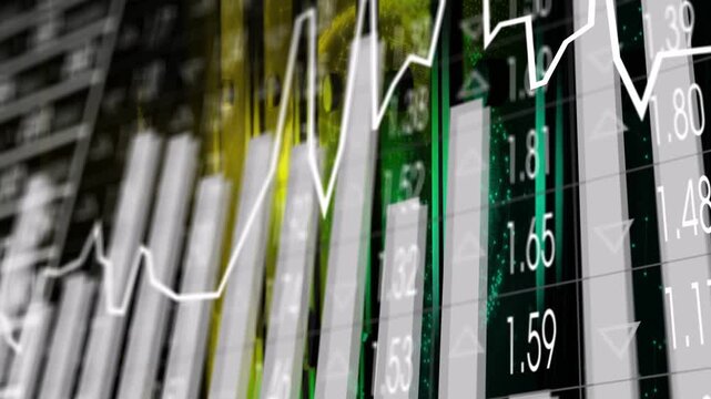Financial chart receiving data pulse, 3D bars rising and shifting while white line tracking trends