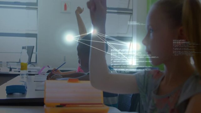 Right student raising hand to ask question, peers writing while nodes linking hands for education