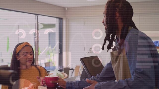 Barista pouring milk handing cup and serving coffee causing woman scrolling phone, charts floating