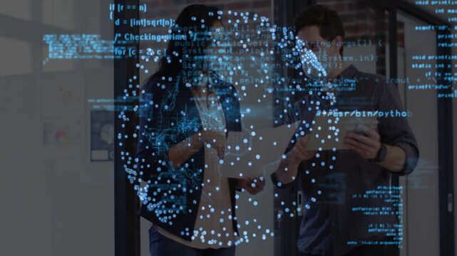 Colleagues holding pages, tapping tablet as holo globe appearing, code scrolling, reviewing product