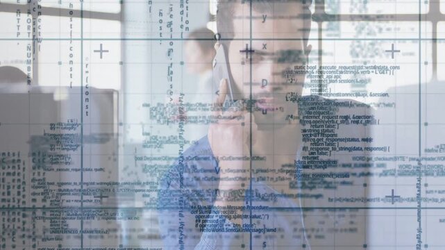 Man answering ringing phone, fixing tech bug while code grid overlay sliding across him