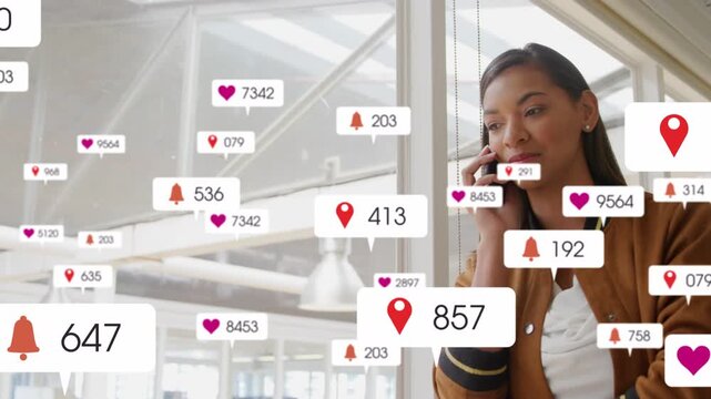 Female office pro checking phone, bringing to ear, receiving heart,bell,pin alerts, handling call