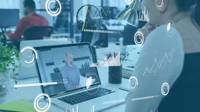 Worker leaning listening as laptop host speaking, animated charts overlaying view, rising analytics