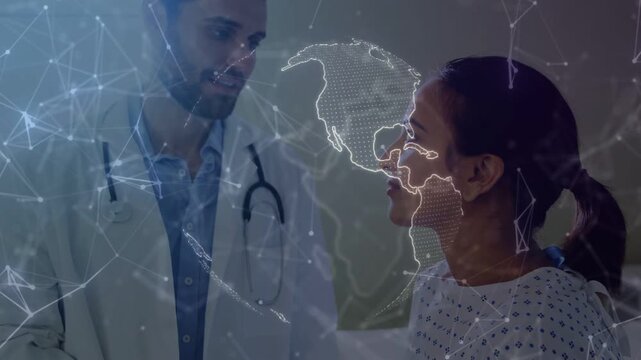 Physician palpating patient's neck starting medical exam while rotating digital globe overlay