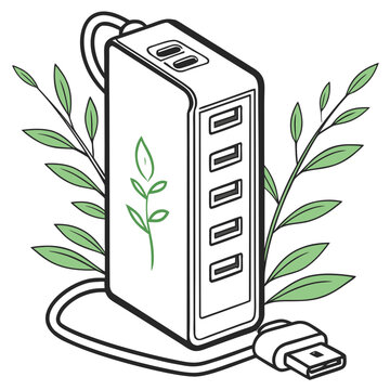 A vector graphic illustration of a portable power bank with a green leaf design and USB cable