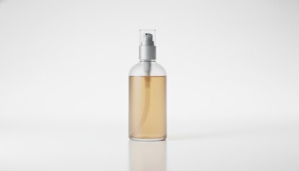 Fototapeta premium Clear glass bottle with pump dispenser containing amber liquid, isolated on white background, cosmetic product.