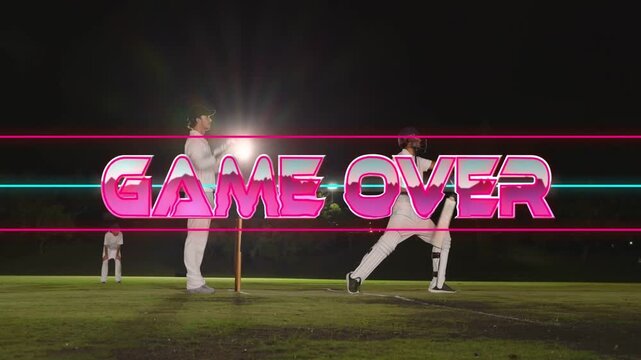 Cricket bowler appealing for wicket on ball, batsman playing shot walking off GAME OVER overlay