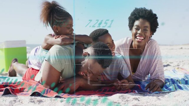 Family lying on striped mat girl climbing onto dad sparking playful pile tech HUD overlaying group