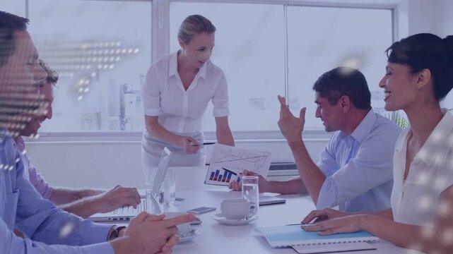 Handing blue folder causing business team reviewing data, presenter pointing chart, map, code over