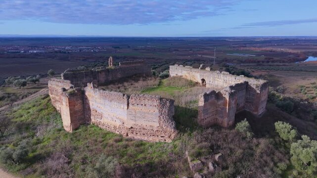 Aerial drone view of the landscape at Villalba Castle in the town of Cebolla, Toledo Province, Castile-La Mancha, Spain, Europe
