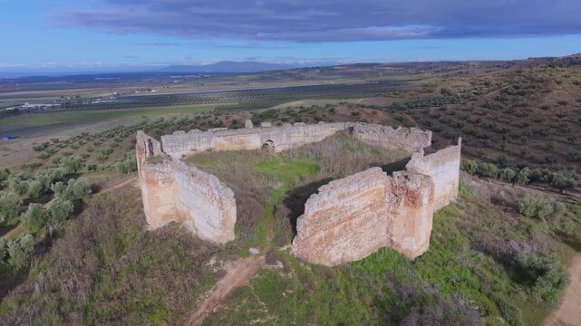 Aerial drone view of the landscape at Villalba Castle in the town of Cebolla, Toledo Province, Castile-La Mancha, Spain, Europe