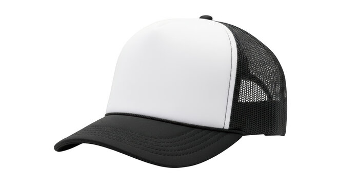 Blank white foam front trucker hat with black mesh back and brim isolated on transparent background