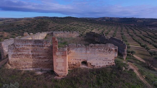Aerial drone view of the landscape at Villalba Castle in the town of Cebolla, Toledo Province, Castile-La Mancha, Spain, Europe