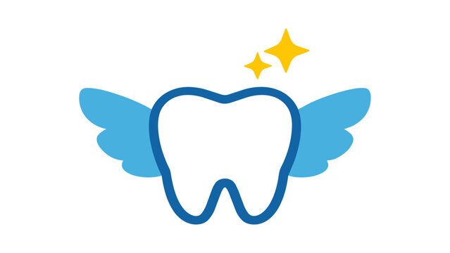Tooth Fairy Icon: A modern flat vector illustration of a clean white tooth with blue wings and yellow sparkles, symbolizing dental care, pediatric dentistry, and oral hygiene on white background.