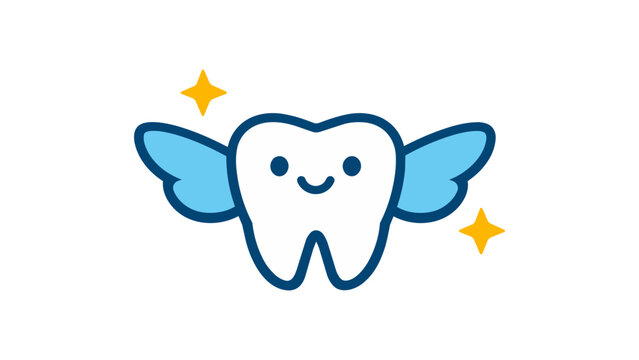 Tooth Fairy Vector Illustration: A cute, modern flat icon of a smiling tooth with blue wings and yellow sparkles on a white background, ideal for pediatric dentistry and oral health branding.