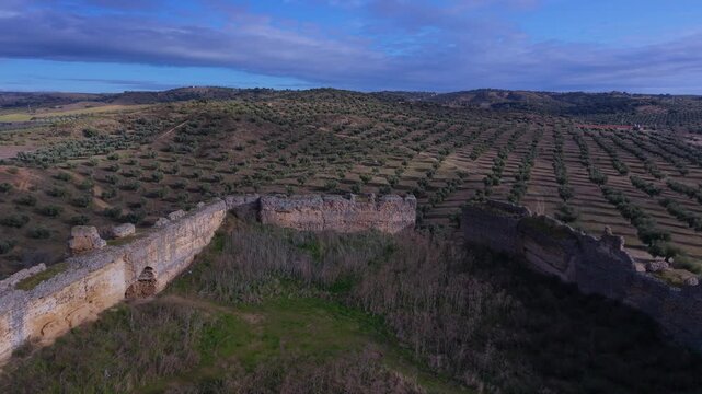 Aerial drone view of the landscape at Villalba Castle in the town of Cebolla, Toledo Province, Castile-La Mancha, Spain, Europe