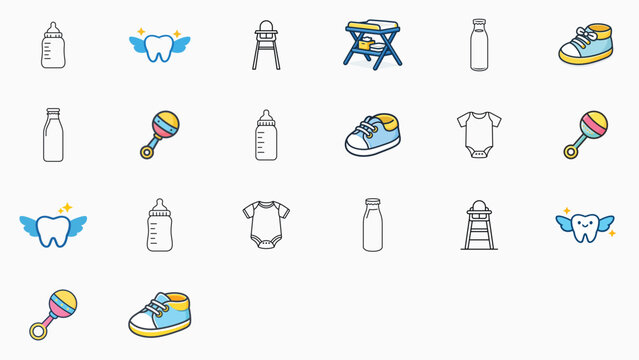 21 Hand-Traced Vector Icon Set Bundle with Editable Stroke. Minimalist Line Art Collection featuring Baby Bottle, Rattle, Onesie, Shoe, High Chair, Changing Table, Milk Bottle, and Tooth Fairy.