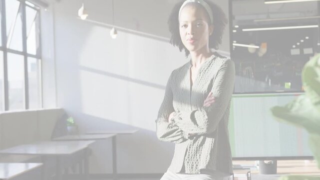 Camera exposure settling sun casting wall, woman leaning on desk shifting smiling for business use