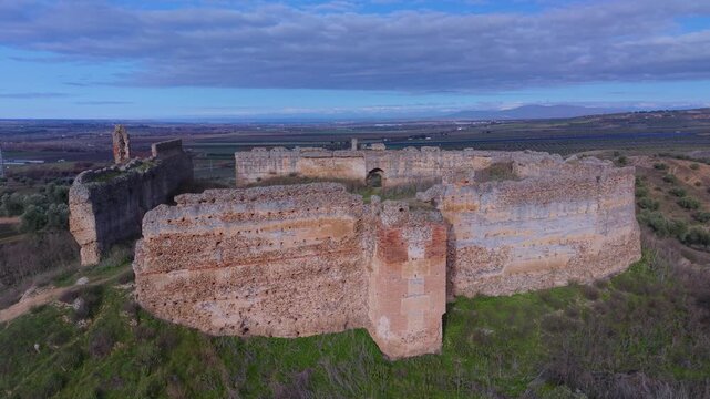 Aerial drone view of the landscape at Villalba Castle in the town of Cebolla, Toledo Province, Castile-La Mancha, Spain, Europe