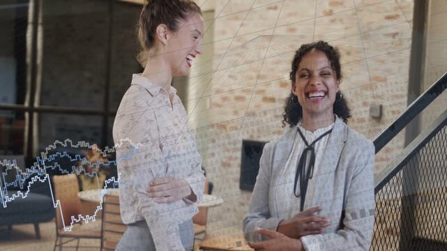 Vertical video: Starting exchange two women in workwear laughing, posing in loft with graph overlay