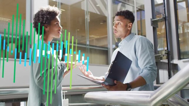 Woman gesturing pointing docs in business atrium, man holding folder clarifying while bars hiding