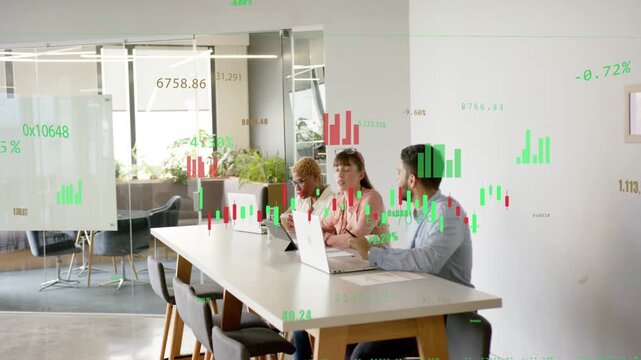 Camera pulling back, team lead checking market data on laptops, animated charts guiding trades