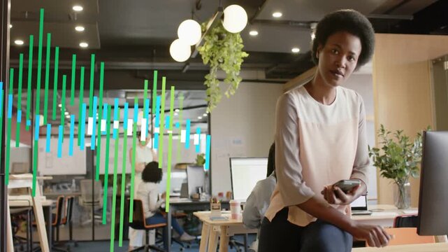 Woman holding phone, watching animated bars appearing from left and overlapping during team demo