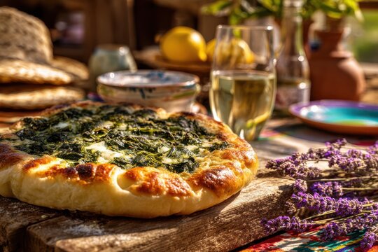 Freshly baked Soparnik on wooden counter