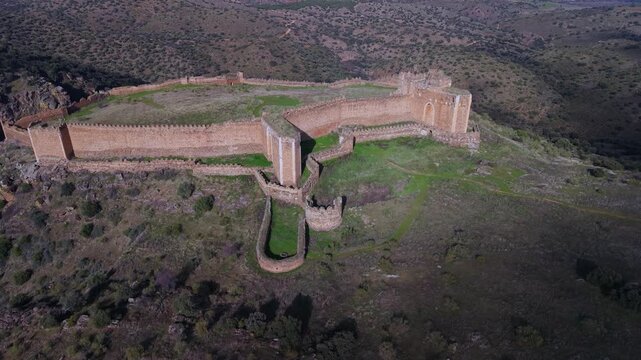 Aerial view from a drone of the landscape at Montalban Castle in San Martin de Montalban, Toledo Province, Castile-La Mancha, Spain, Europe
