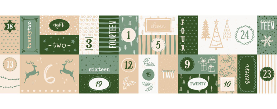Cute hand drawn Christmas advent calendar. Lovely doodle drawings, vector design
