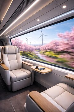 trainInterior of a luxury high-speed train with comfortable seats looking out at a scenic spring landscape with pink cherry blossoms