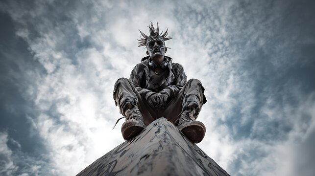 An artistic statue of an individual with an unusual hairstyle, sits against a cloudy sky backdrop