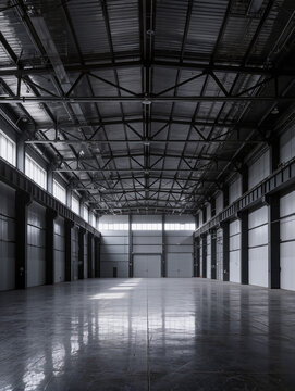 Vast empty industrial hall with high ceilings, metal beams, and polished concrete floor, showcasing clean architecture and expansive open space.