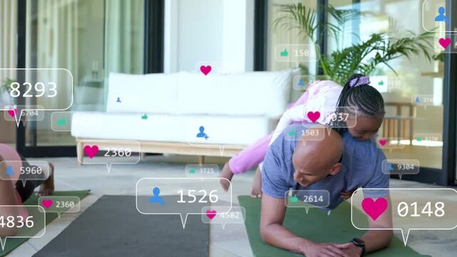 Girl running from mat, jumping onto man holding plank to join fitness plank floating hearts growing