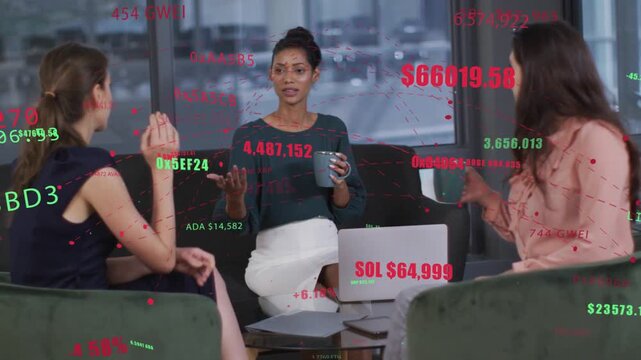 Center woman moderating crypto talk, tapping laptop SOL $64,999 and spawning tickers