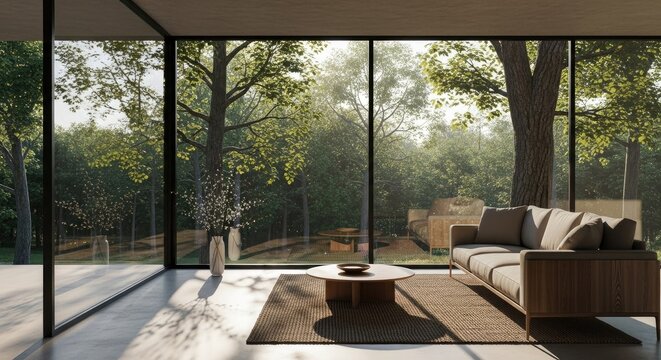 Modern living room interior with large windows and forest view
