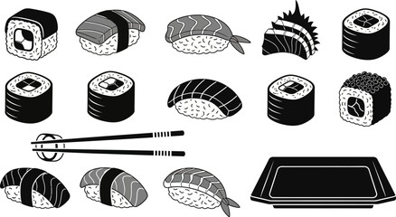 A collection of various types of sushi rolls and nigiri with chopsticks and a plate © Badhon