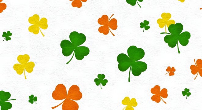 Colorful shamrock and clover leaves pattern with vibrant green yellow and orange tones