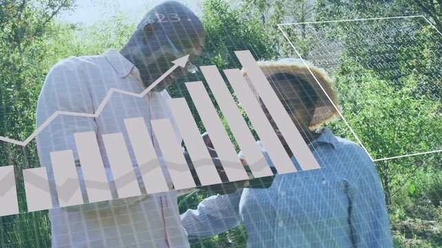 Man tapping device woman leaning in park overlay charts appearing then growing analysing data