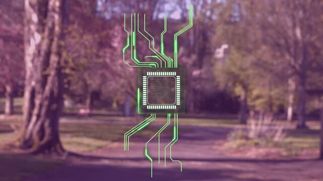Microchip reticle appearing over park path, extending neon-green traces and visualizing tech