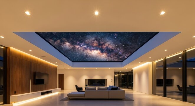 Modern living room interior with skylight displaying starry night sky