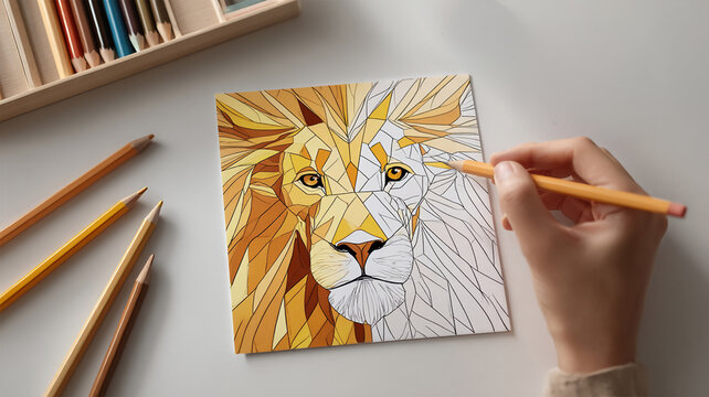 Adult Coloring drawing of a lion top view. Colored pencils on a artistic mandala design, top view, mindfulness and art or mental therapy