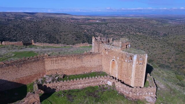 Aerial view from a drone of the landscape at Montalban Castle in San Martin de Montalban, Toledo Province, Castile-La Mancha, Spain, Europe