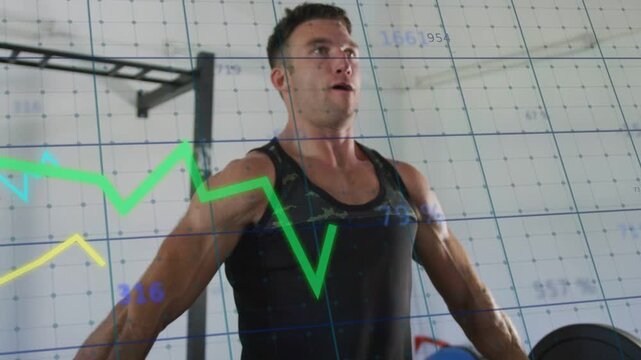 Male gym lifter driving legs, pulling bar up, camera widening while grid tracking metrics overhead