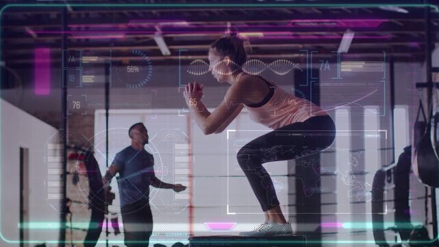 Woman stepping onto platform and starting box jumps with man skipping rope, HUD tracking fitness