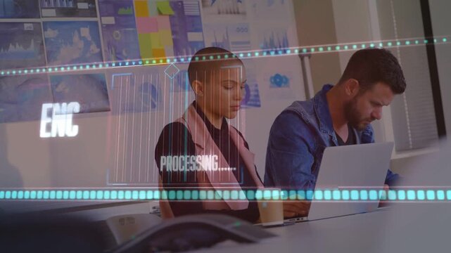 Woman glancing at device, man typing laptop, overlay appearing processing encrypted data for tech