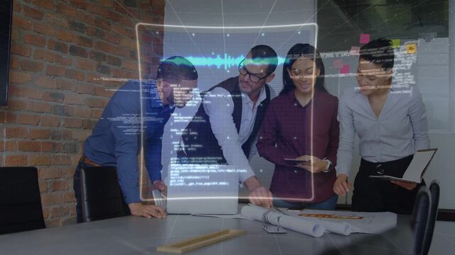 Man pointing plans initiating AR overlays overlaying team consulting laptop for business planning