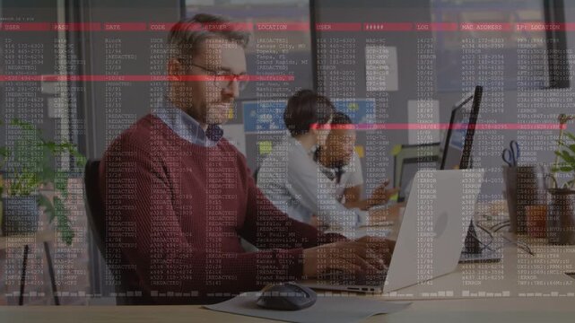 Foreground man typing on laptop initiating code overlay filling frame, team consulting phone for IT