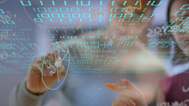 Two colleagues raising markers, sketching circle on glass while turquoise overlay annotating data